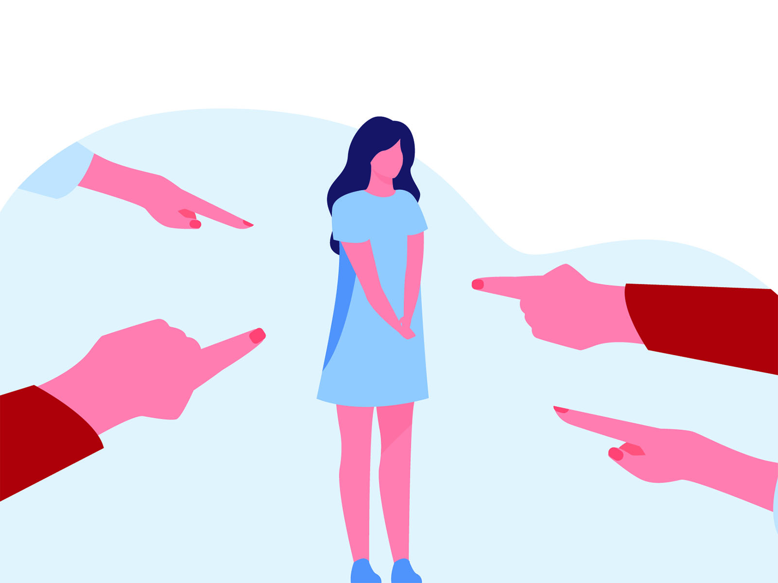 Depressed sad woman standing as victim flat vector illustration. Surrounded girl and fingers pointing at her. Conviction, indictment and social denunciation concept.